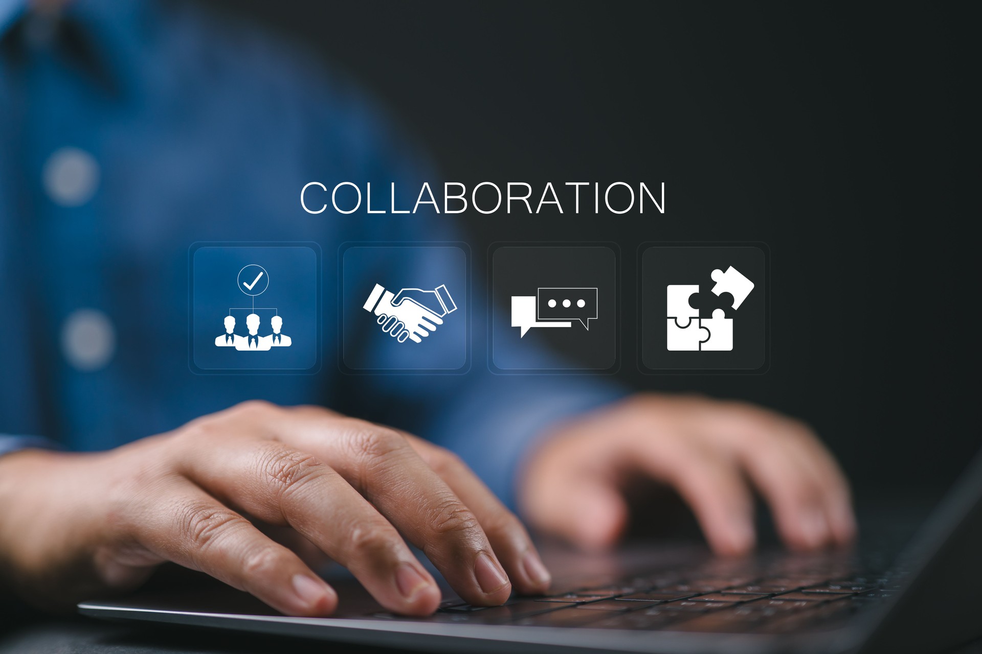 Team collaboration concept, Person using laptop with collaboration icons on virtual screen. Teamwork, company, team business and team collaboration to grow business success